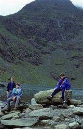 Stephen, David and Chris at lake Glaslyn with Snowdon behind