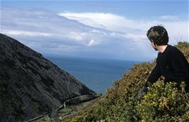 One of our members (Ben Palmer?  Or John Stuart?) looking down to Heddons Mouth from the coastal path between Hunters' Inn and Woody Bay