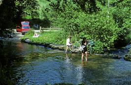 Andrew Billington (I think) wades the ford at North Bovey, with Simon Lewis (I think) behind