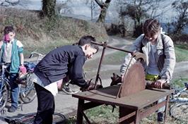 Paul Oakley watched Alex Flanagan sawing a log with the help of Gavin Taylor, near Addislade [Remastered scan, June 2019]