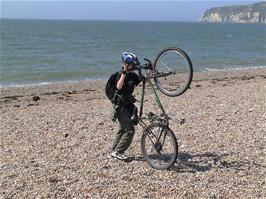Joe does bike tricks on Seaton Beach