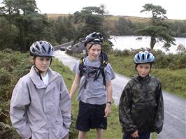 Gage, Joe and Harry at Venford Reservoir, 6.6 miles into the ride