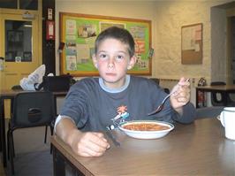 Harry Laity with his spaghetti and sausages at Bellever YH