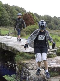 Harry and Gage on the Clapper Bridge at Postbridge, 1.2 miles from the hostel