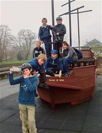 Fred, Sam, Alex, Dennis, Ashley, Zac and Olly on the boat at Longmarsh (clockwise from front)