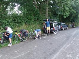 Unpacking the bikes at Langdon, near Canworthy Water