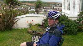 Michael enjoying great views across Perranporth Beach from the front garden of Chy an Kerensa Guest House, Perranporth