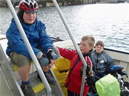Zac, Sam and Ash on the very expensive 15:15 St Mawes ferry from Falmouth, 14.3 miles into the ride