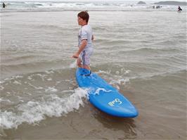 Ashley with his rented surf board at Perranporth