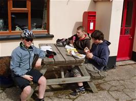 Lunch outside the Post Office and General Stores at Challacombe