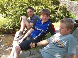 Zac, Ash and Matt enjoying lunch near Fingle Bridge