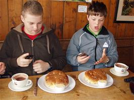 Ryan & Ash are stunned by the size of their teacakes at Boeveys Tea Rooms, Simonsbath