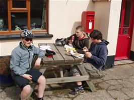 Lunch outside the Post Office and General Stores at Challacombe