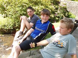 Zac, Ash and Matt enjoying lunch near Fingle Bridge