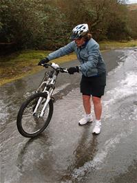 Ashley treating the ice with caution on the road to Avon Dam