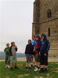 The group by St Michael's Tower on Glastonbury Tor