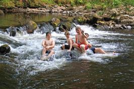 Ash, Connor, Callum and Adam enjoying the River Dart in Hembury Woods