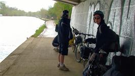 Sheltering from a heavy shower under Donnington Bridge, 3.8 miles into the ride