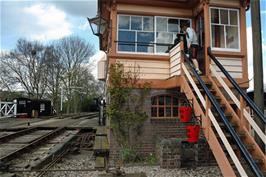 Callum Freeman examines the signal box at Didcot Railway Centre