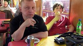 John and Lawrence in the Bitton Station Cafe, 10.1 miles into the ride