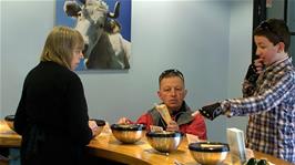 John and Will sample the many cheeses on offer at the Cheddar Gorge Cheese Company