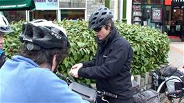 Ash demonstrates his special way to secure his bar bag at Clarks Village