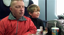 John and George on the 15:49 train from Taunton to Newton Abbot, passing Langstone Rock near Dawlish Warren