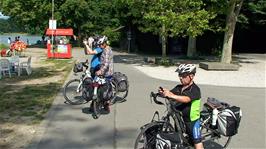 Photo time as we reach the shores of Lake Geneva at Vidy Promenade