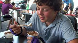 Lawrence enjoys a cooling Toblerone McFlurry at the McCafe opposite Lausanne train station