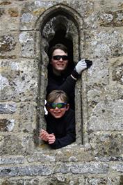 Ash and George in St Michael's Tower on Glastonbury Tor