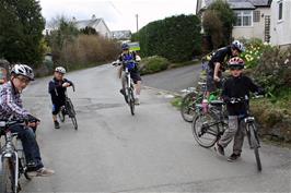 Ash pulls a wheelie outside the café at Holne