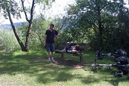 Michael and Ash enjoying the shade at our lunch stop by Lake Neuchâtel near Yvonand