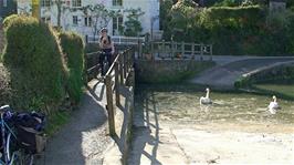 Callum crosses the ford the easy way at the back of Helford Village