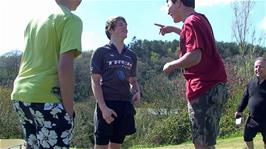 The lads discuss acrobatic tricks on the rolling lawns above the seal pools at the Cornish Seal Sanctuary, Gweek