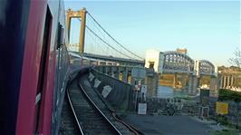 Crossing Brunel's Royal Albert rail bridge over the Tamar on the approach to Plymouth 