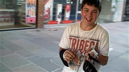 Lawrence, outside Costa in Old George Mall Salisbury, explains how he fell off his bike on the track to Odstock and had to bandage up his grazed hands