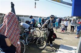 Preparing to load the bikes onto the Falmouth Ferry at St Mawes Pier