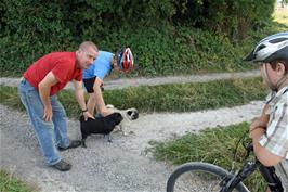 George meets a pair of pugs and their owner near Wells Bottom, New Court Down, on the track from Whitsbury to Odstock