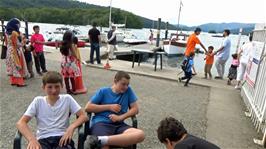 Waiting at Bowness Bay Marina for our hire boat after riding 2.4 miles from Windermere station
