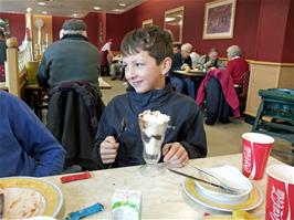 George enjoys his ice cream in the Morrisons cafe, Totnes - new photo for 2024