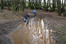 John makes it through a lake on the Quantock ridge track near Great Hill without falling off!