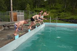 Jumping into the icy waters of Mjølfjell hostel swimming pool - not heated today