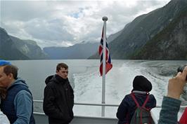 Dillan on the rear deck as we continue along Aurlandsfjord