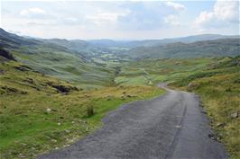 The long, steep descent from Hardknott Pass to Eskdale