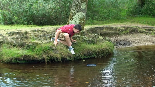 Everyone hopes that Lawrence will fall in when retrieving the frisbee from the Ober Water at Puttles Bridge, 7.4 miles into the ride