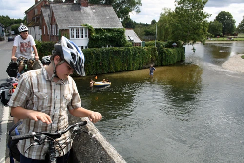 The group on Bridge Street, Fordingbridge, 10.4 miles into the ride