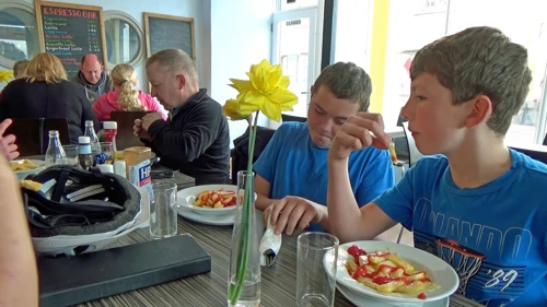 Well-deserved hot food at the Corner House Cafe, Watchet.