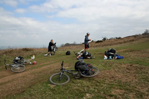 John and Will try to finish lunch on Lydeard Hill.