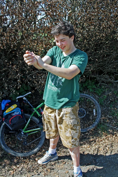 Lawrence goes overboard with suncream after climbing Parracombe Hill
