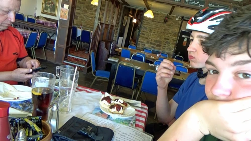 Will about to enjoy scones at the Old Station House Inn, Blackmoor Gate